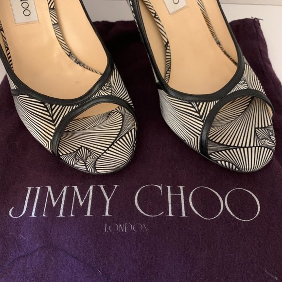 Jimmy Choo Hardy Silk Peep Toe Pumps Art Deco Print Nappa Leather 40.5 1…